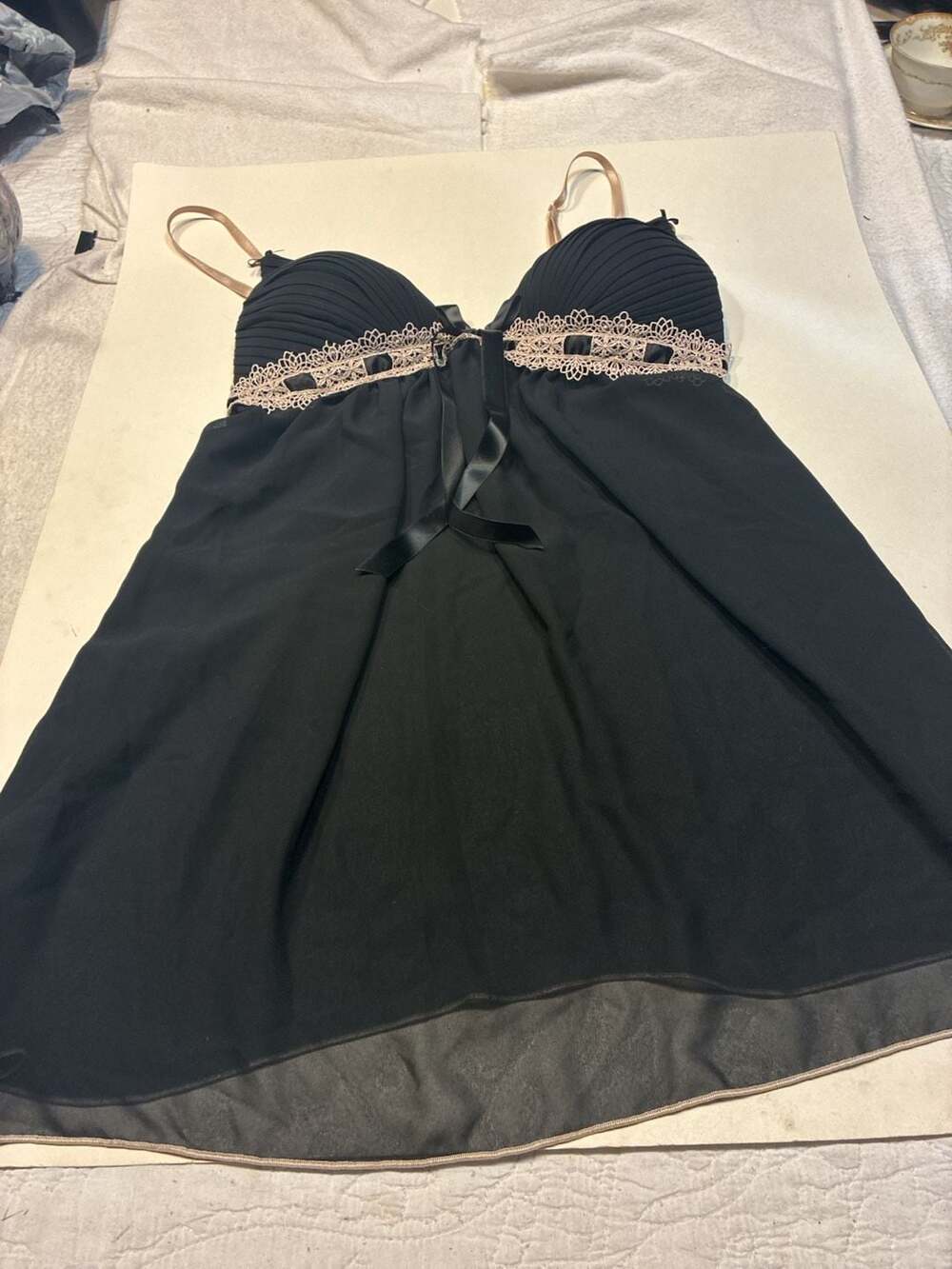 Linea Donatella Black Babydoll Chemise Nightie with Lace and Bow